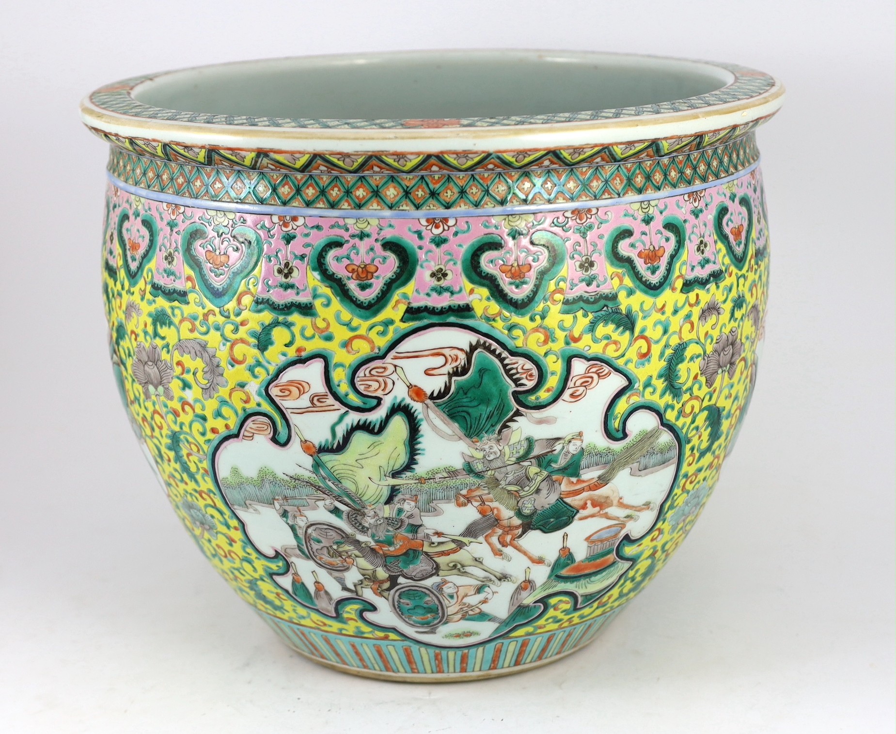 A Chinese enamelled porcelain goldfish bowl, late 19th century, 42cm diameter 35cm high, several short hairline cracks to the body